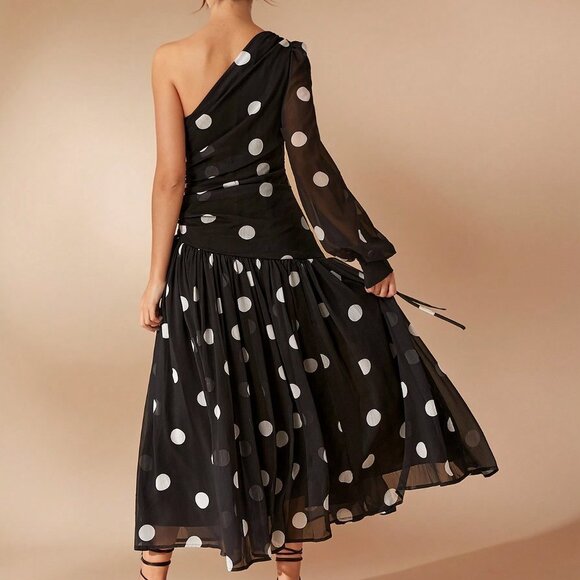Black And White Elegant Women's Polka Dot One Shoulder Long Sleeve Maxi Dress - Picture 2 of 6